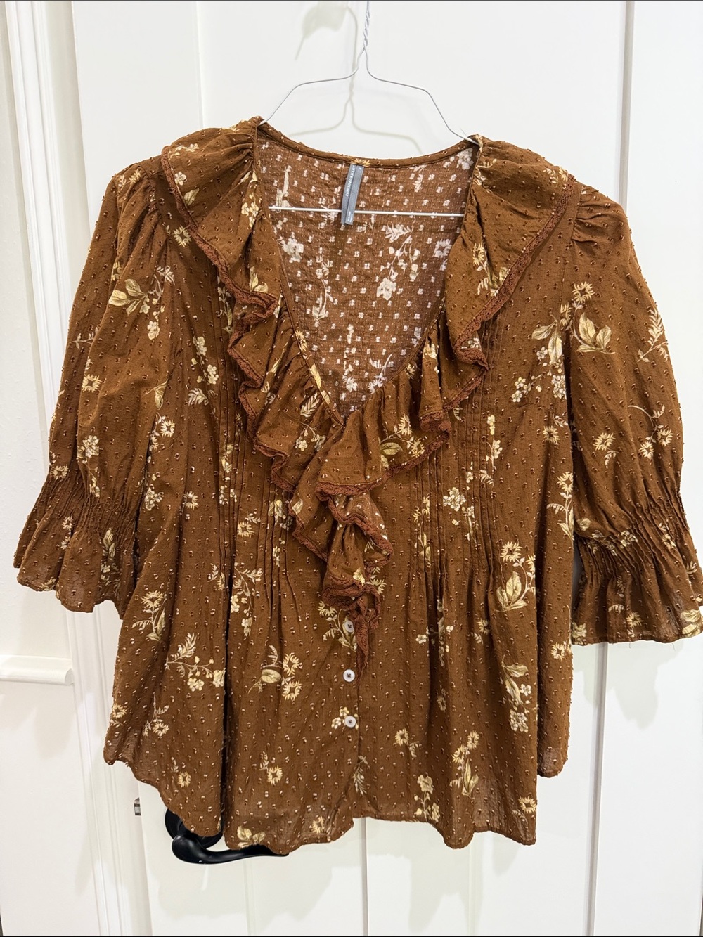 Anthropologie Brown Floral Ruffle Peasant Blouse